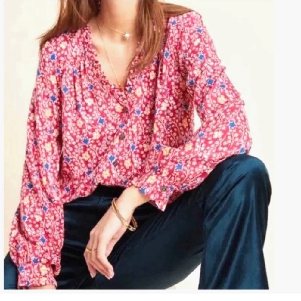 ANTHROPOLOGIE MAEVE Marisol Blouse Top Long Sleeve V-Neck Red Floral size 4